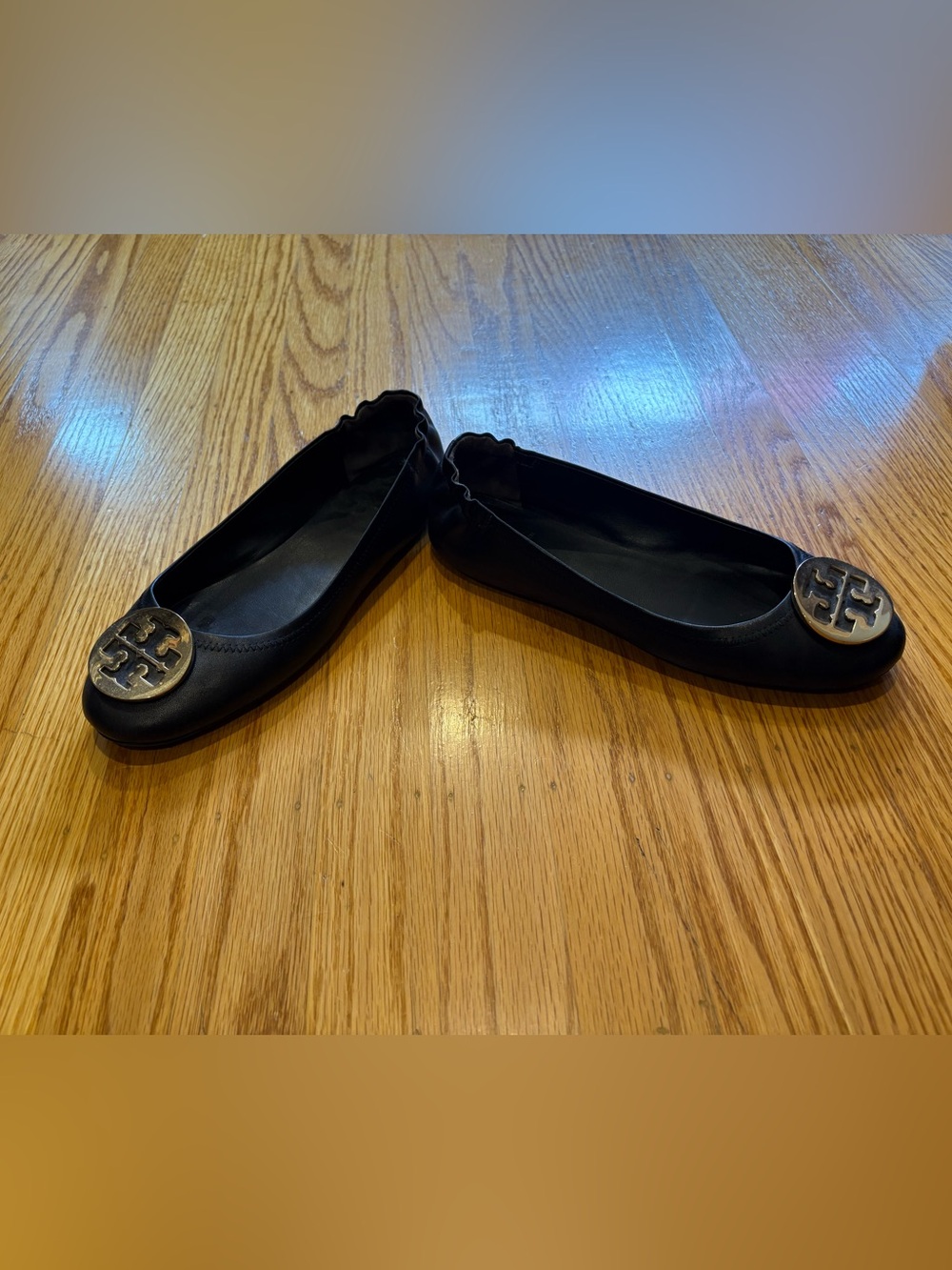 Tory Burch Black Leather Logo Round-Toe Flats with Gold Emblem - Picture 5 of 5